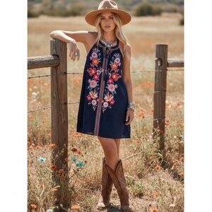 Savanna Jane sleeveless dress, gold metallic stripes and floral embroidery